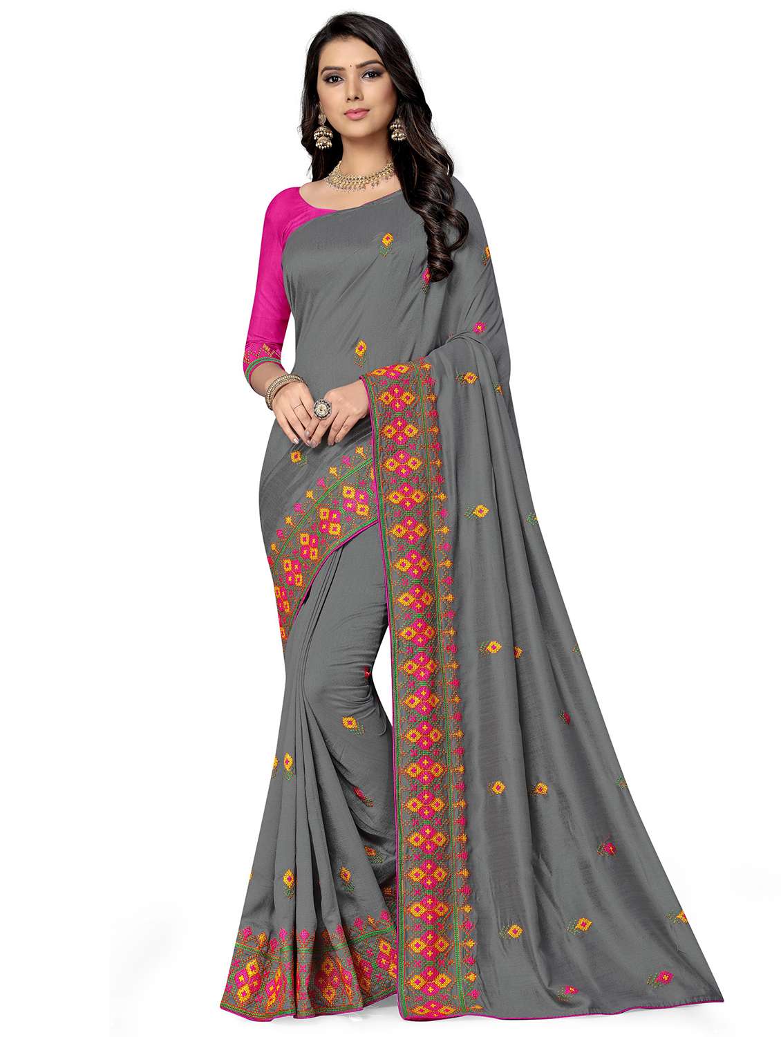 grey georgette embroidered saree with blouse