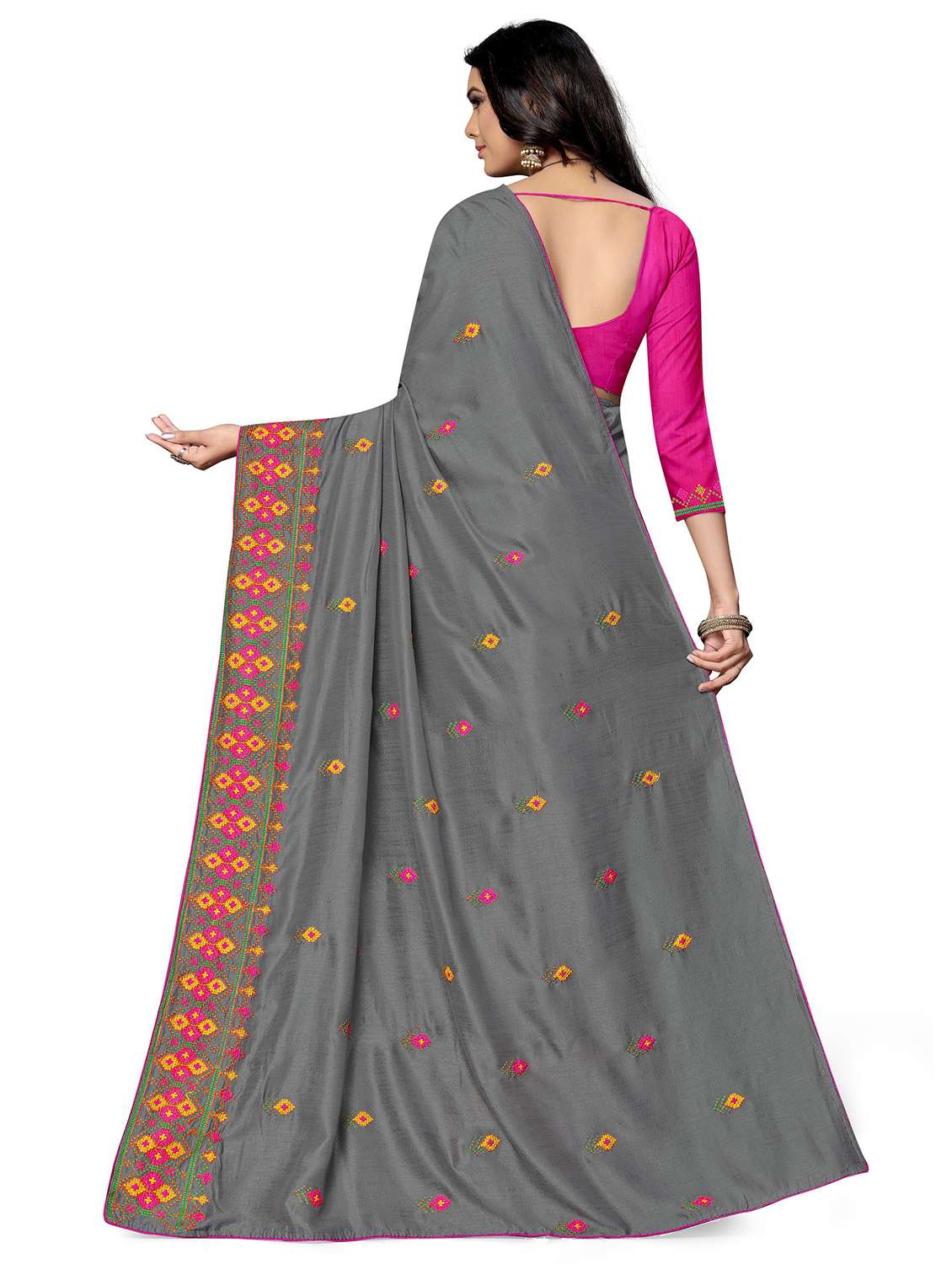 Grey Georgette Embroidered Saree With Blouse - 18401160 -  Standard Image - 1