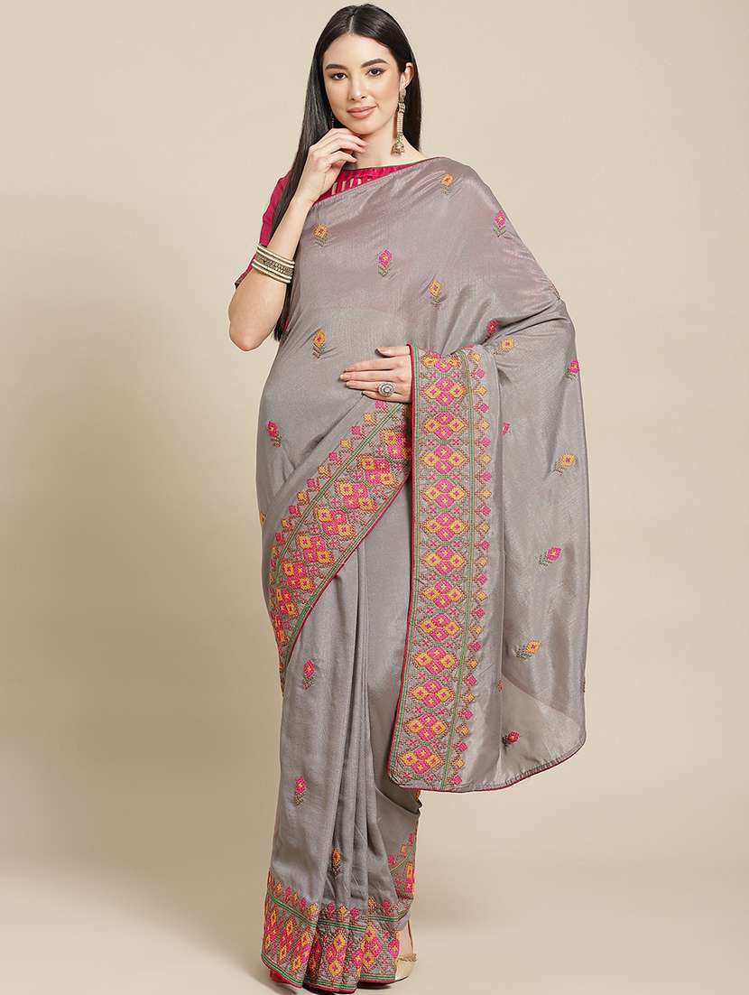 grey georgette embroidered saree with blouse
