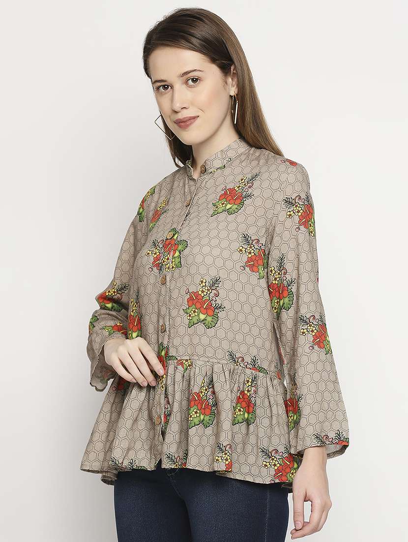 mandarin neck printed peplum top - 18401205 - Standard Image - 1