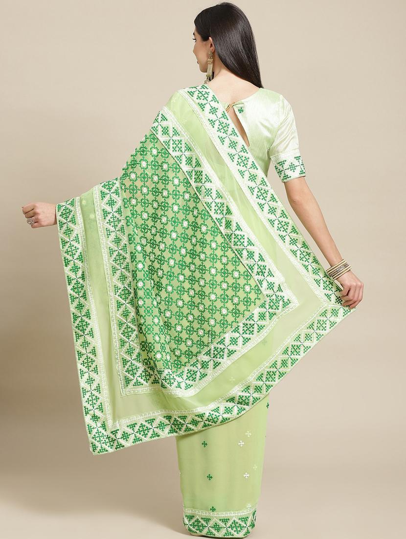 green georgette embroidered saree - 18402571 -  Standard Image - 1
