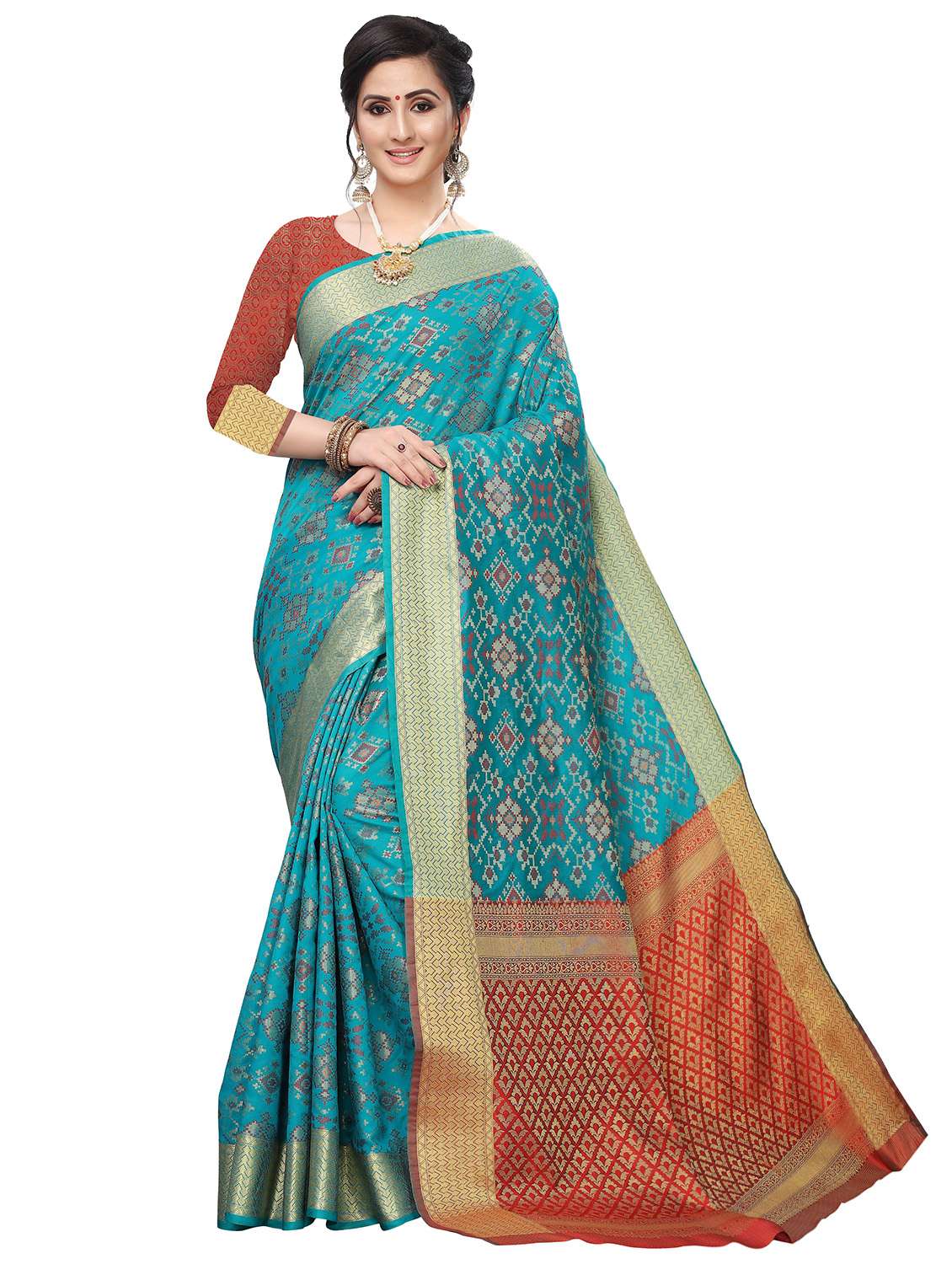 women's self design turquoise colored saree with blouse