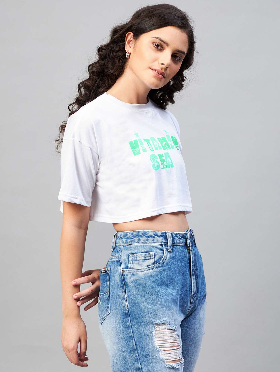 women's chest print round neck t-shirt - 18402842 -  Standard Image - 1