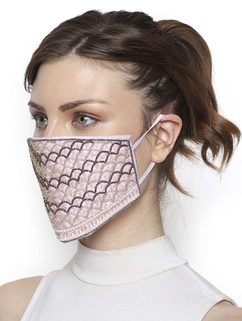 pack of 2 pastel pink & multi 3-ply art silk embellished fabric fashion mask - 18403027 -  Standard Image - 4