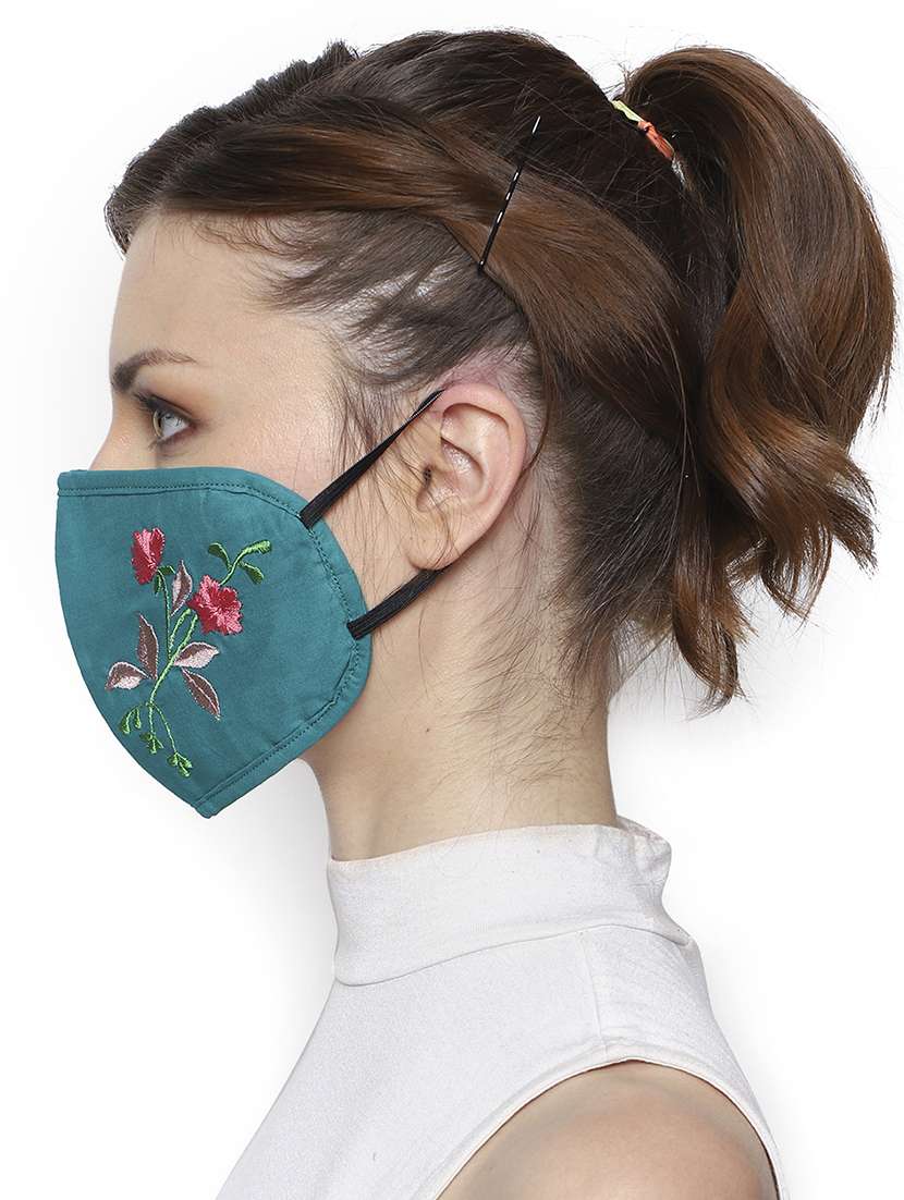  pack of 2 turquoise & multi 3-ply cotton floral embroidered fabric fashion mask - 18403028 -  Standard Image - 4