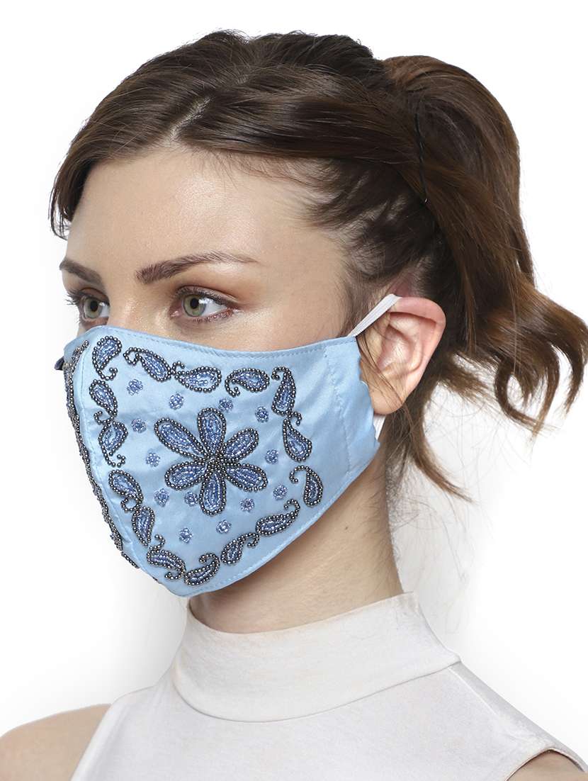 pack of 2 pastel blue & silver 3-ply art silk floral embellished fabric fashion mask - 18403035 -  Standard Image - 4