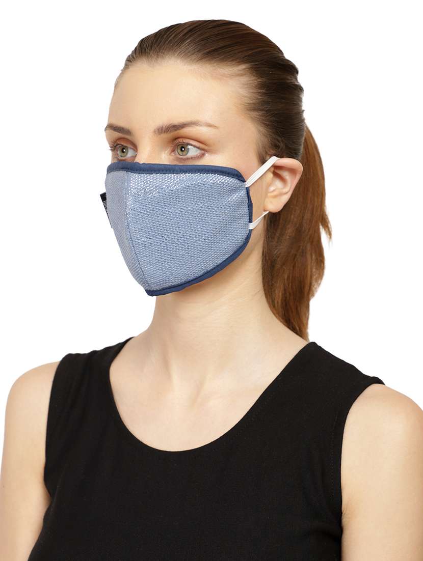 pack of 3 blue & silver 3-ply reusable cotton lurex fabric fashion mask - 18403041 -  Standard Image - 4