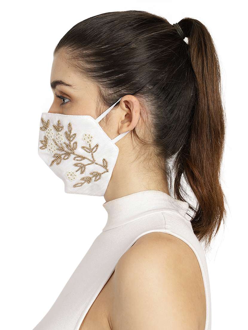3-ply white & gold art silk embellished fabric fashion mask - 18403042 -  Standard Image - 4