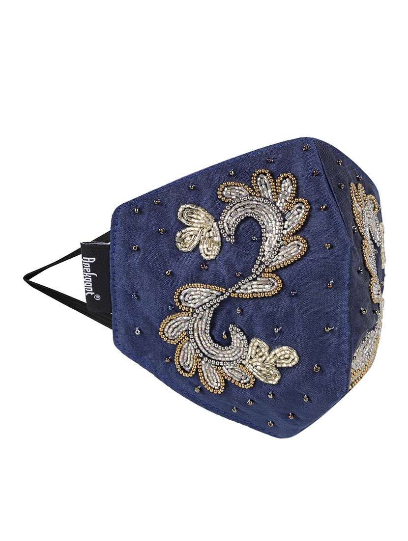  3-ply navy blue & multi art silk embellished fabric fashion mask - 18403044 -  Standard Image - 1