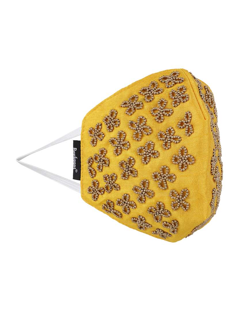  3-ply yellow & gold art silk embellished fabric fashion mask - 18403045 -  Standard Image - 1