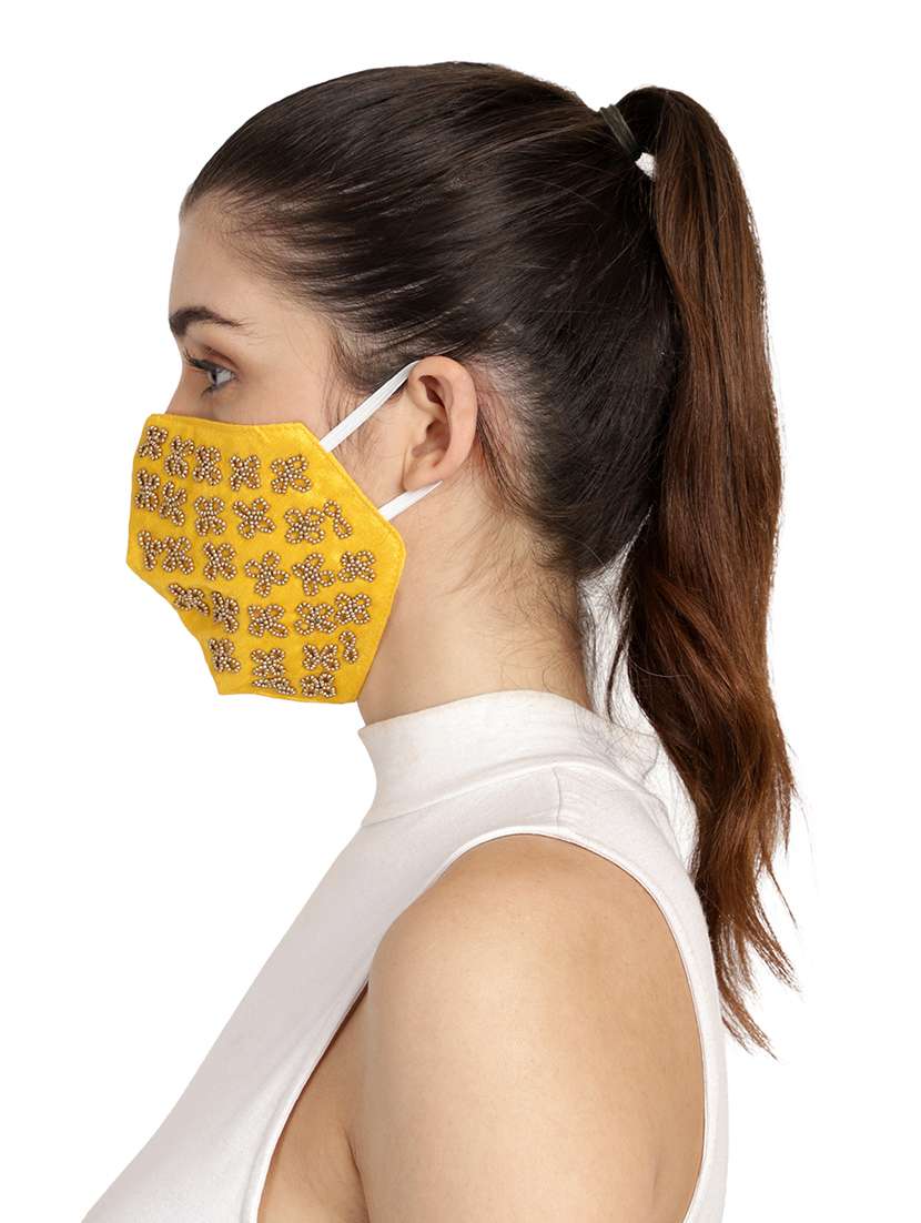  3-ply yellow & gold art silk embellished fabric fashion mask - 18403045 -  Standard Image - 4