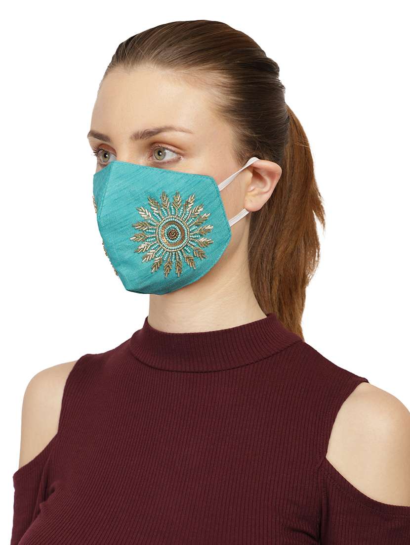 3-ply turquoise & gold art silk embellished fabric fashion mask - 18403046 -  Standard Image - 4