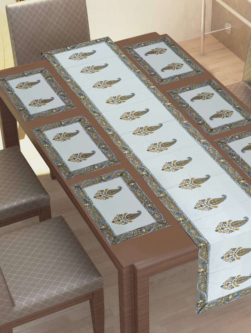texstylehome thick cotton jaipuri print 6 table mat and 1 runner set(pack of 7 pcs)