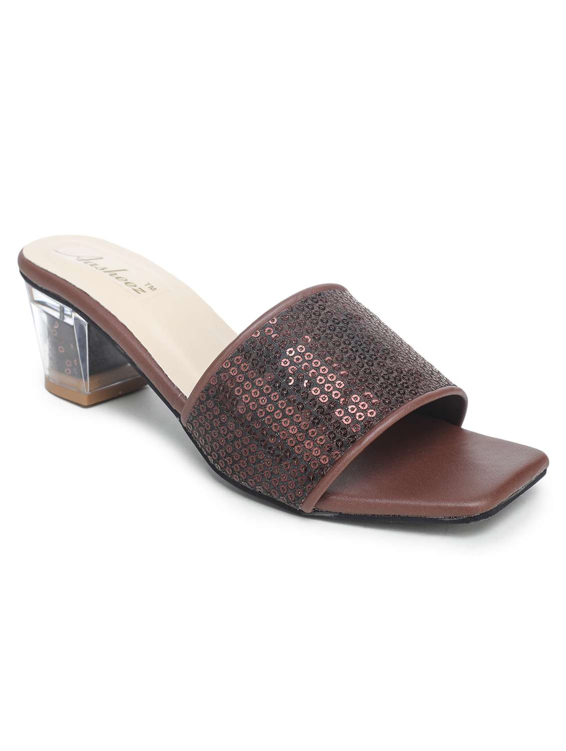 brown synthetic slip on sandals