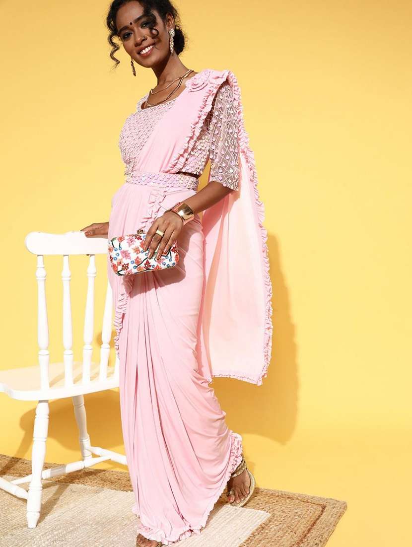 pink lycra plain saree with blouse