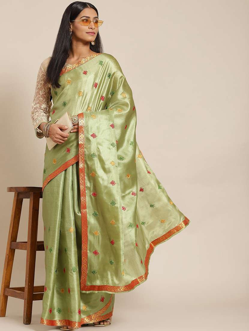 women's self design lime colored saree with blouse