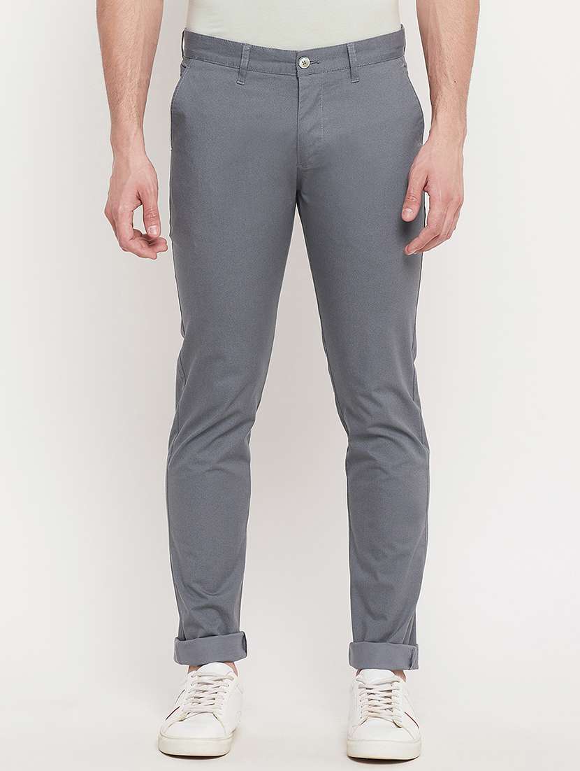 grey solid blend flat front casual trouser