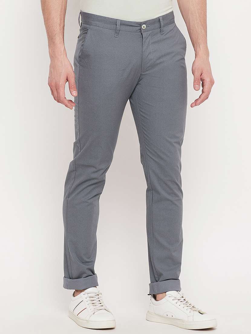 grey solid blend flat front casual trouser - 18404427 -  Standard Image - 1