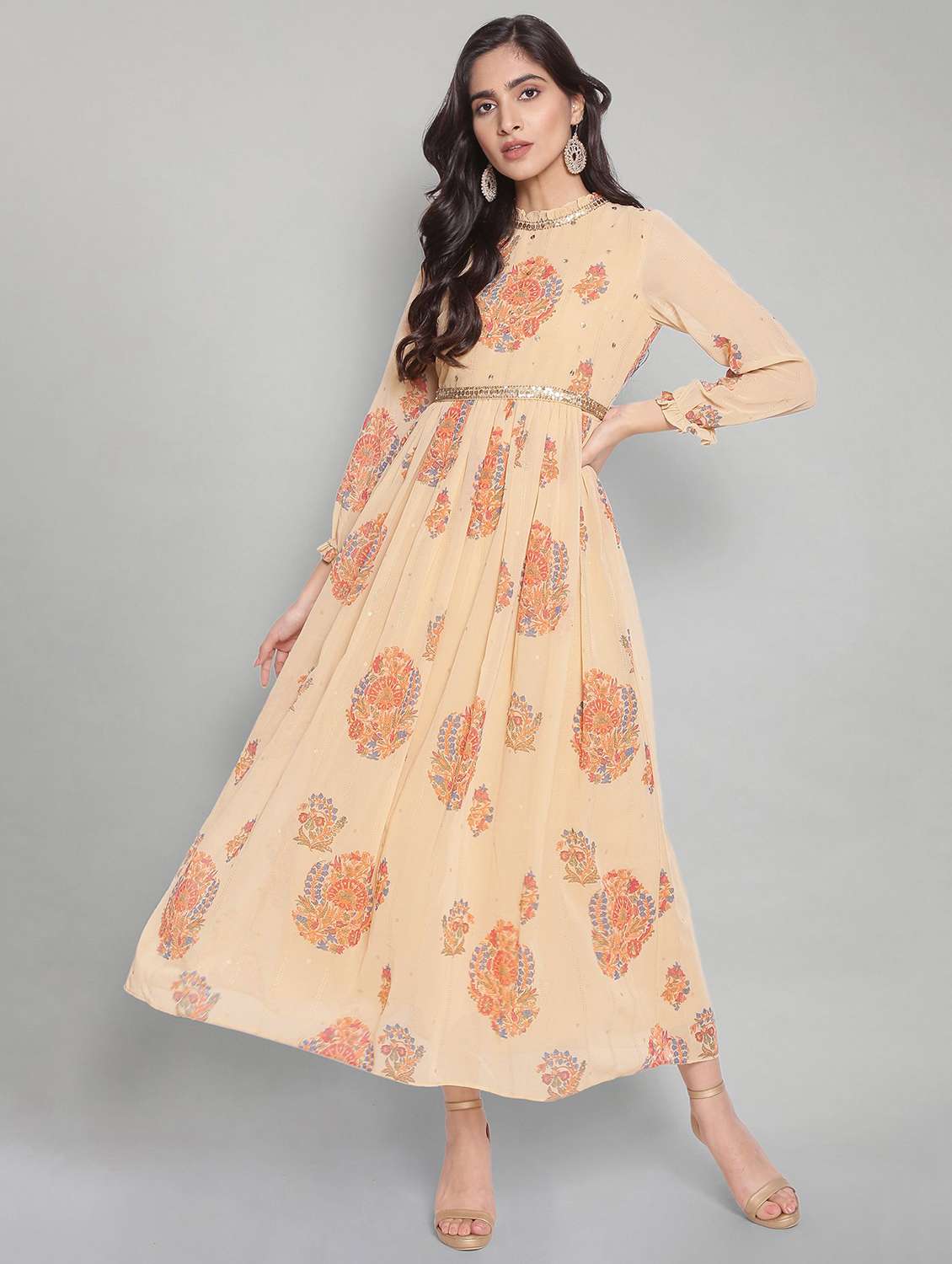 yellow floral flared ethnic dress