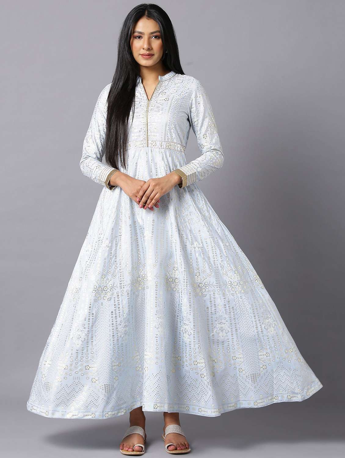 light blue floral flared ethnic dress