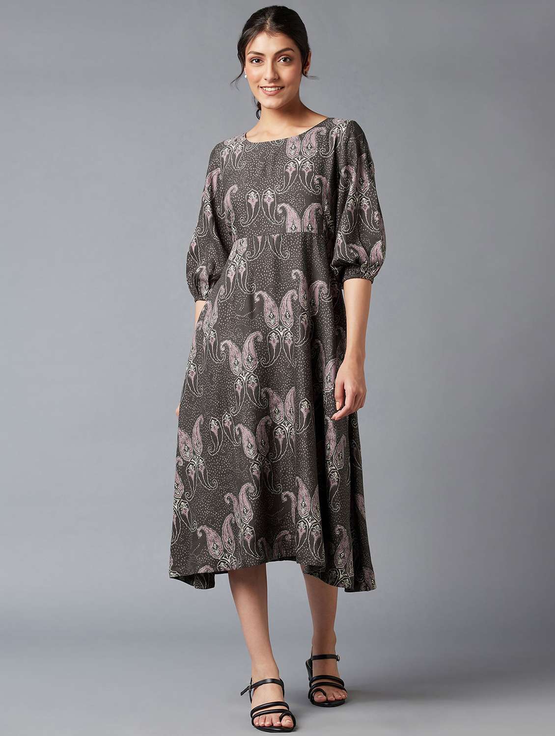 brown printed flared ethnic dress