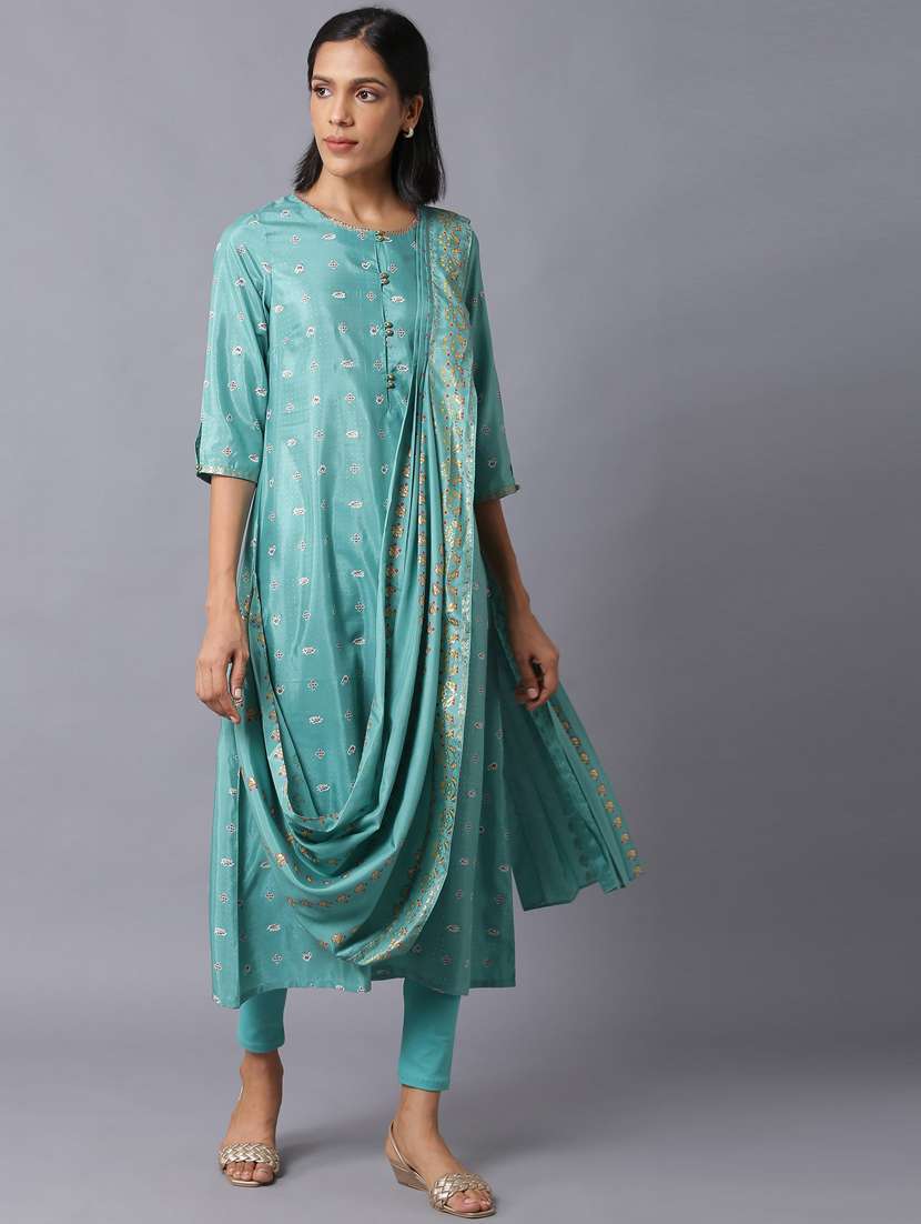 w women green festive floral print shantung kurta with tight