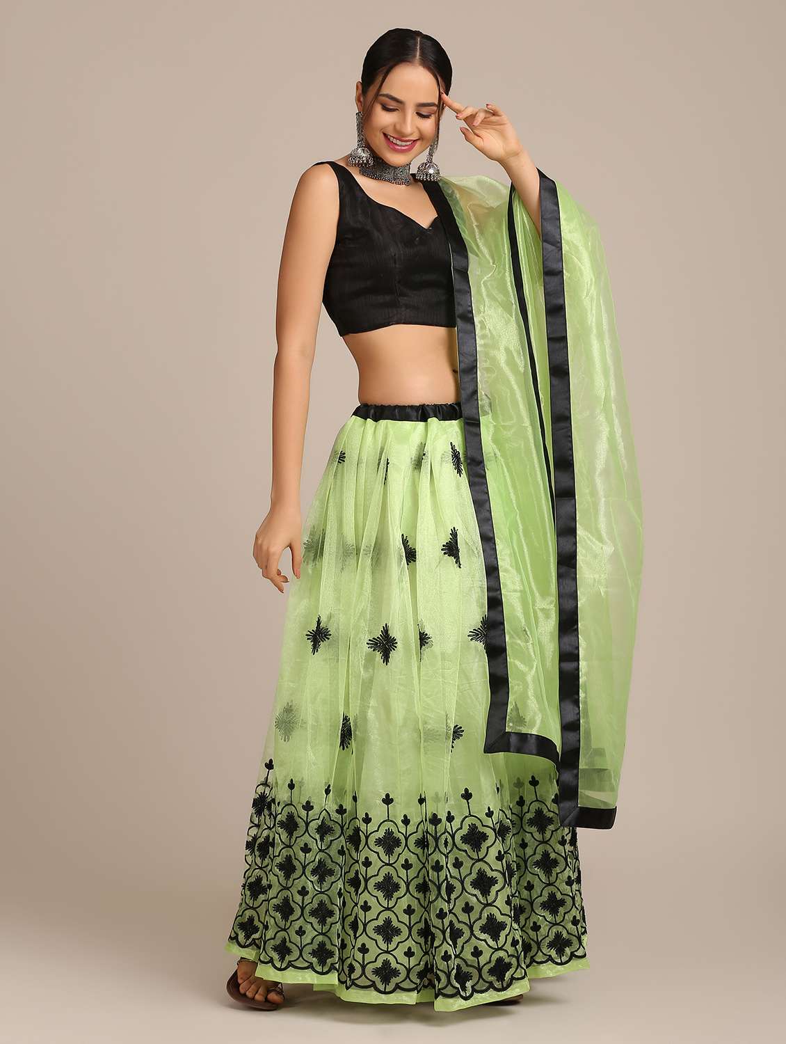 Bottle Green Net Flared Lehenga