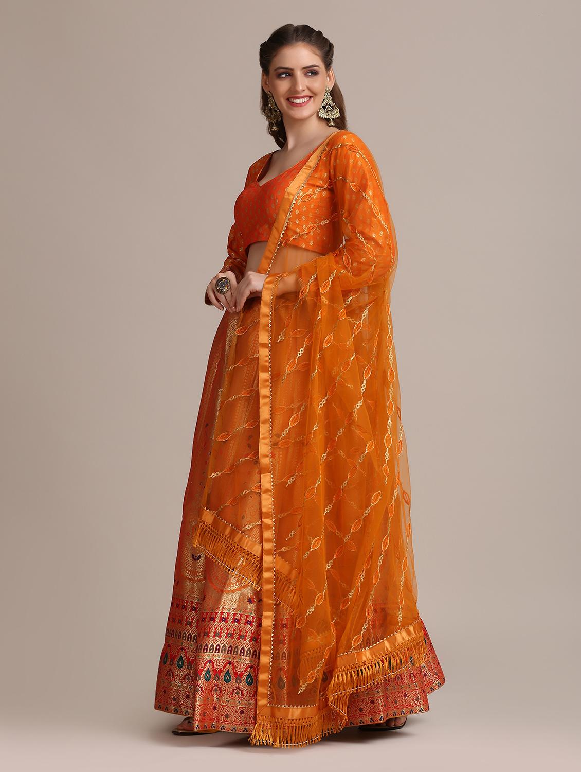 orange raw silk flared lehenga - 18408093 -  Standard Image - 1