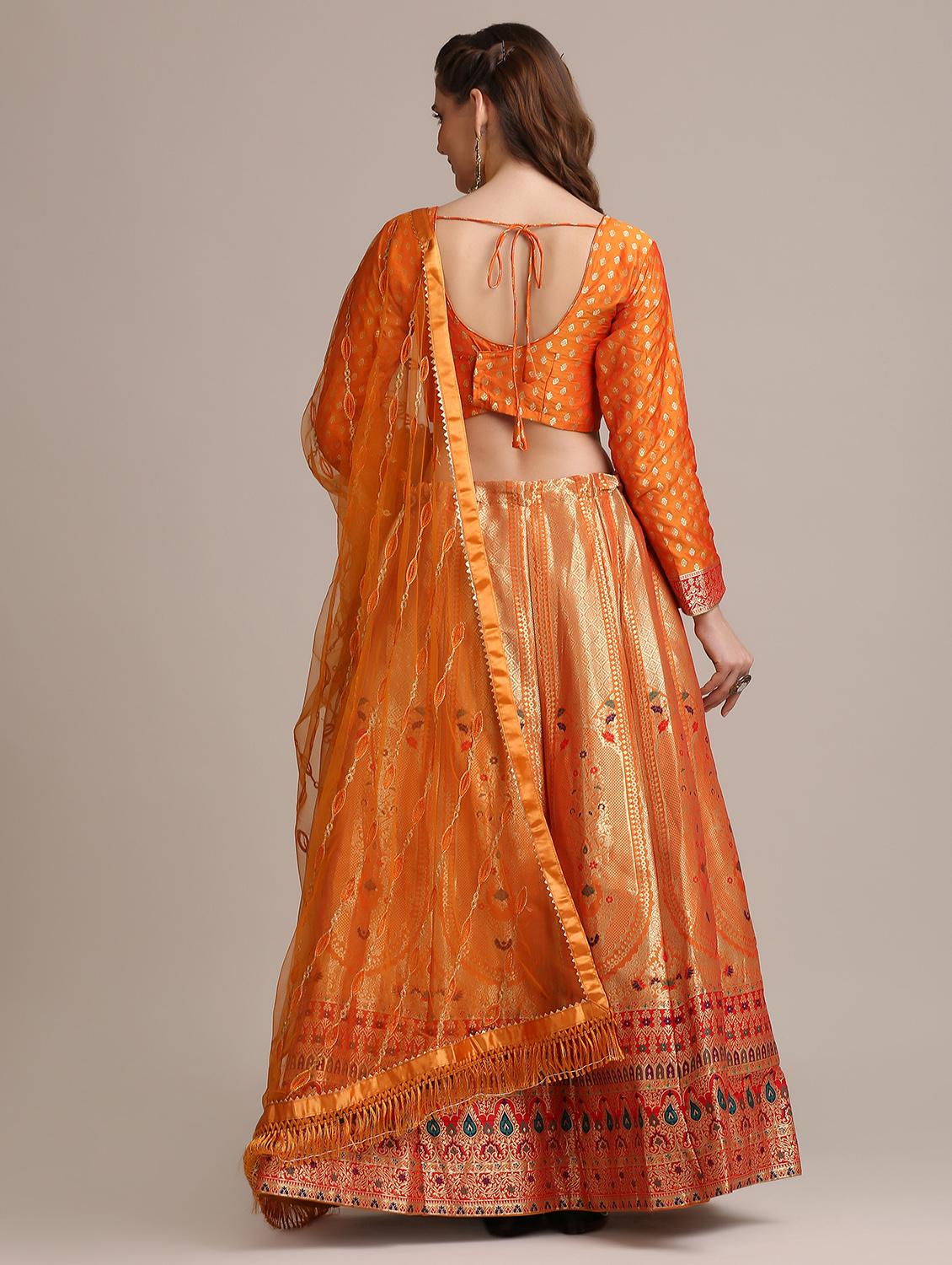 orange raw silk flared lehenga - 18408093 - Standard Image - 4