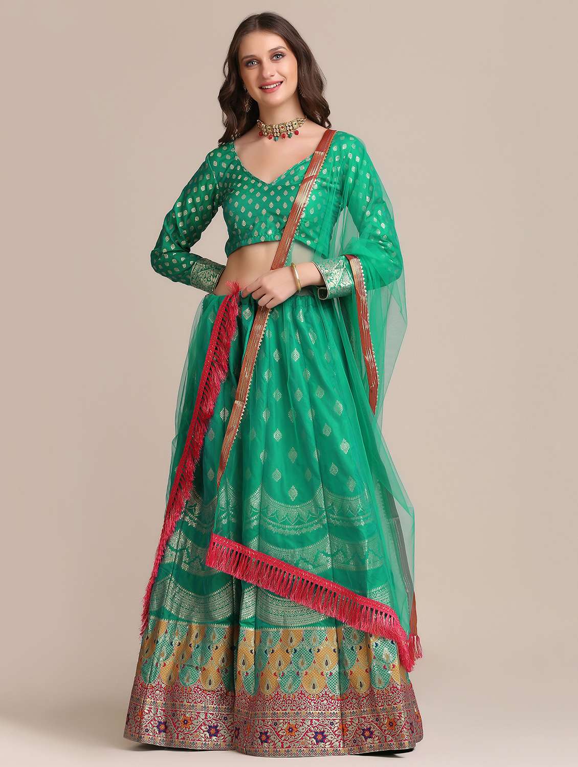 sea green raw silk flared lehenga