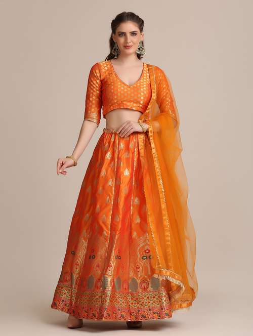 orange raw silk flared lehenga