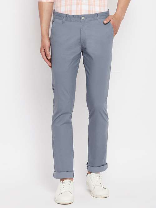 blue solid flat front casual trouser - 18409454 -  Standard Image - 0