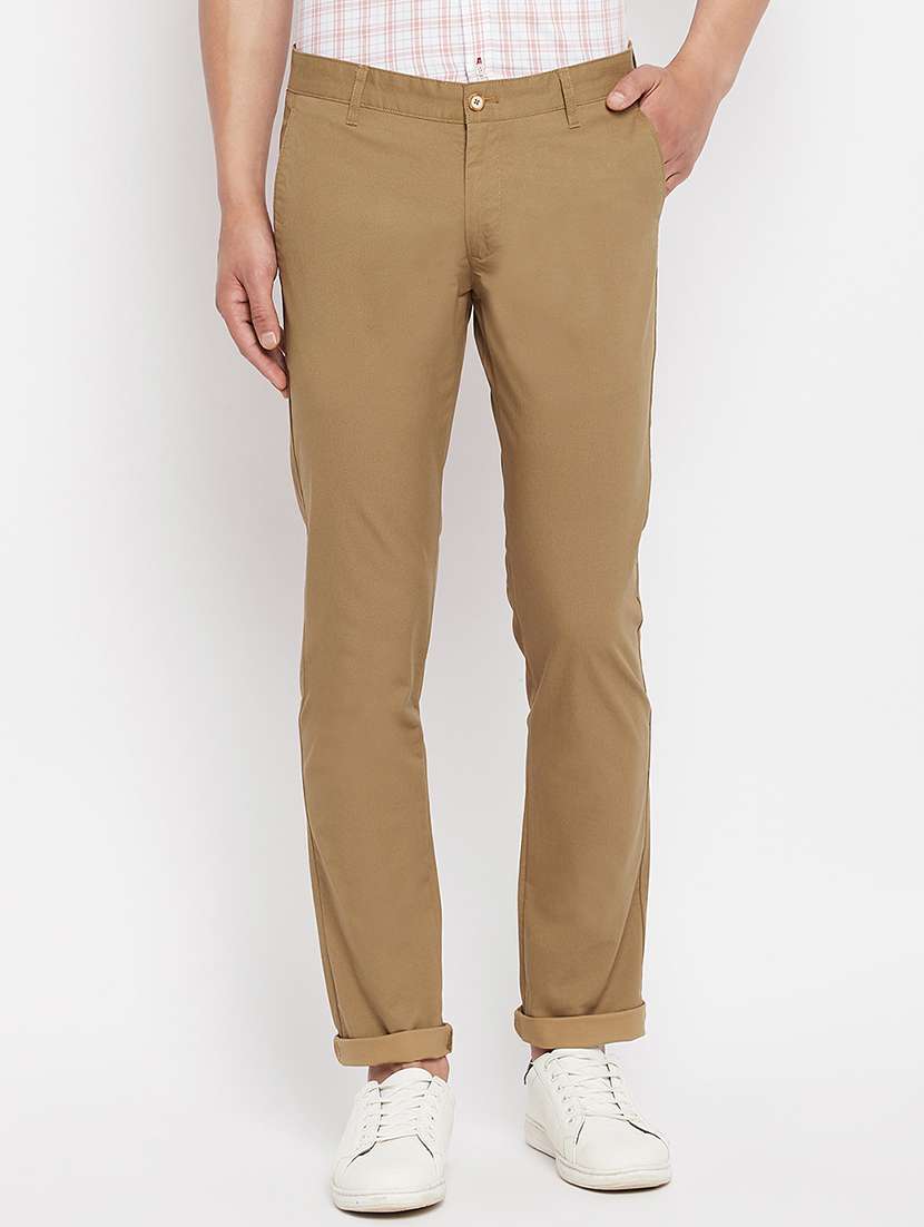 brown solid flat front casual trouser