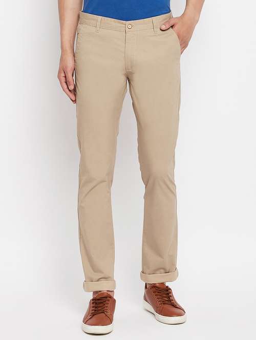 beige solid flat front casual trouser - 18409457 -  Standard Image - 0