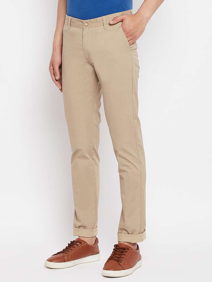 beige solid flat front casual trouser - 18409457 -  Standard Image - 1