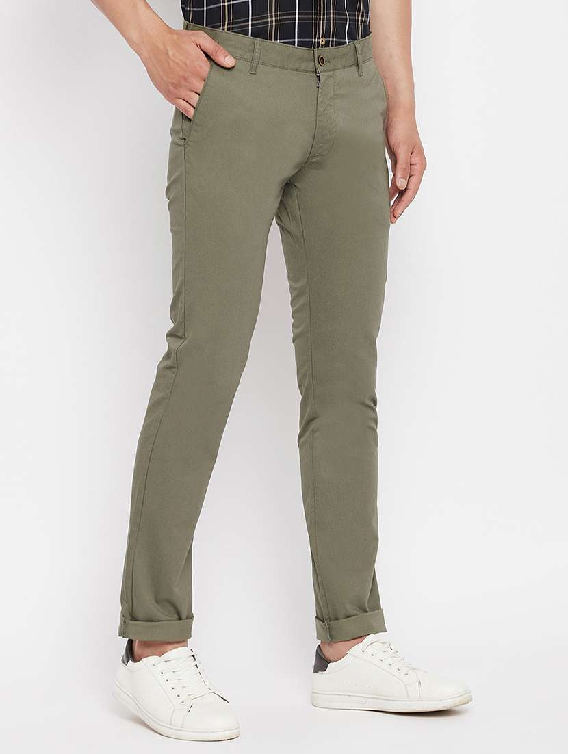 green solid flat front casual trouser - 18409458 -  Standard Image - 1