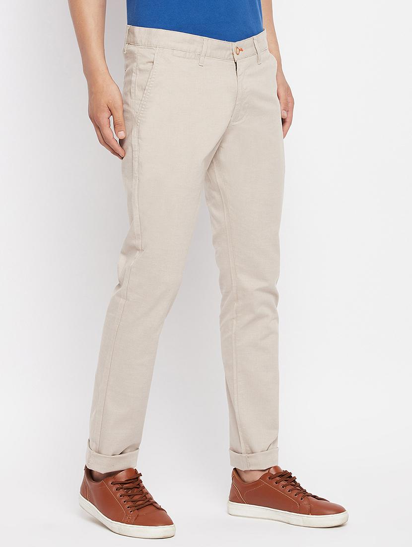 beige solid flat front casual trouser - 18409459 - Standard Image - 1