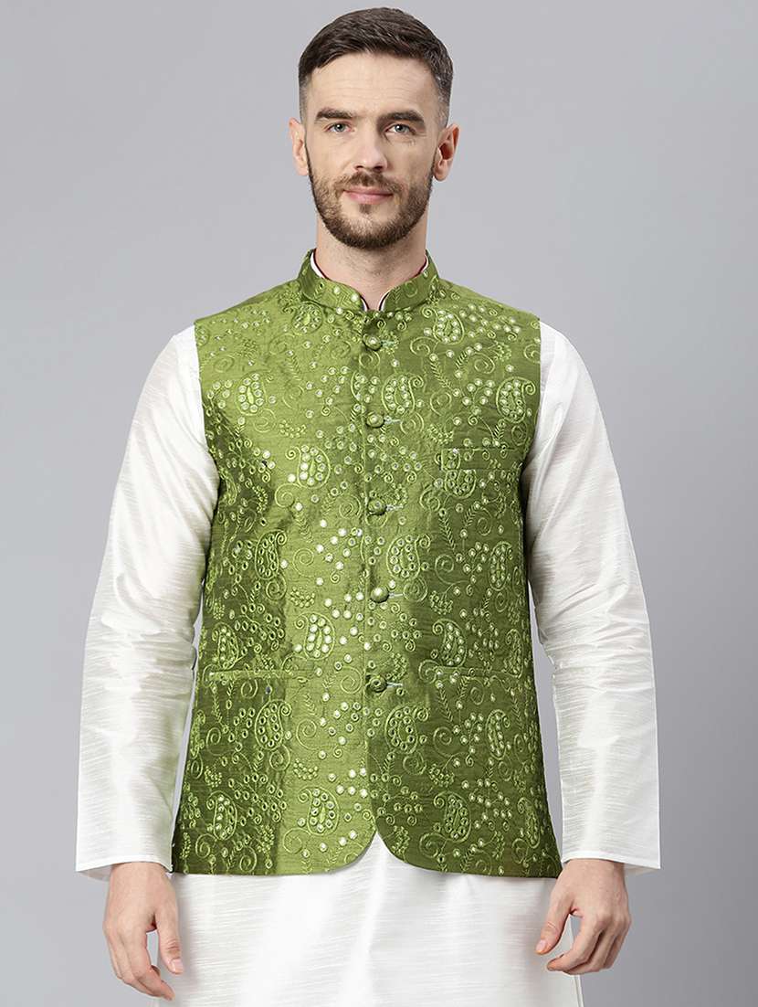 green embroidered nehru jacket