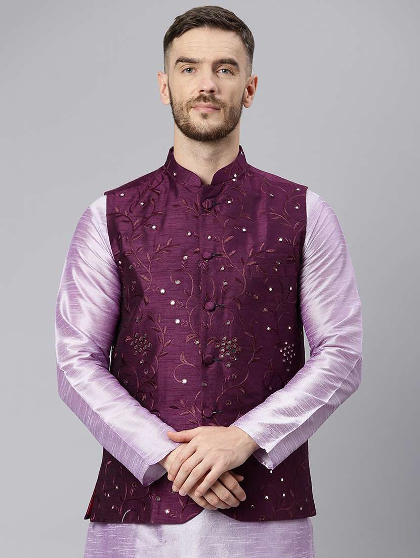 purple embroidered nehru jacket