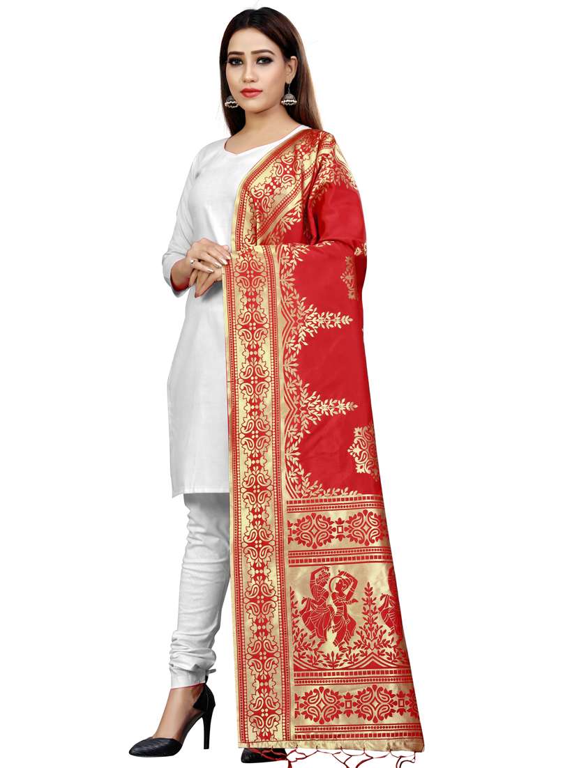 red silk blend dupatta - 18409829 -  Standard Image - 1