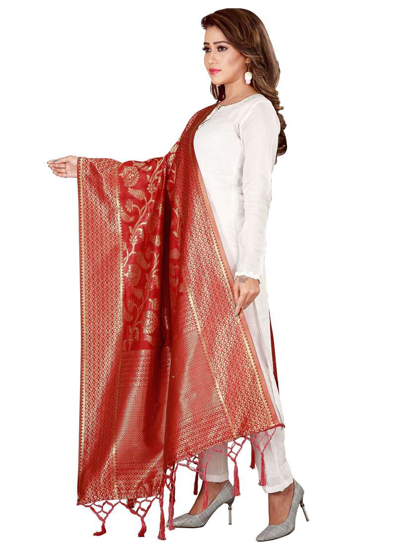 red silk blend dupatta - 18409832 -  Standard Image - 1