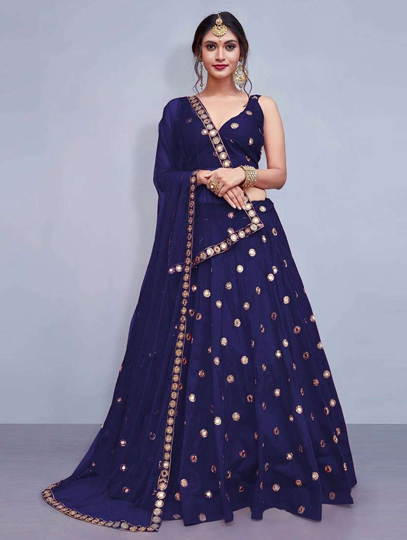navy blue satin flared lehenga