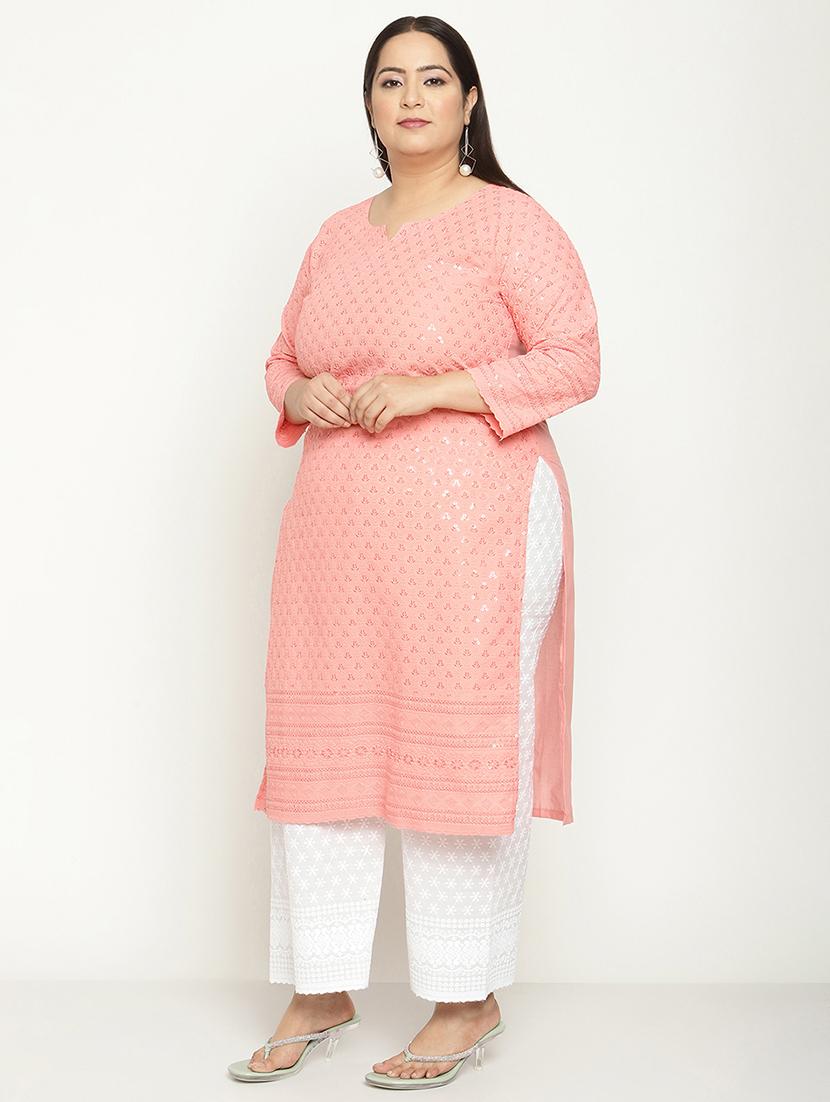 peach chikankari straight kurta - 18411028 - Standard Image - 1