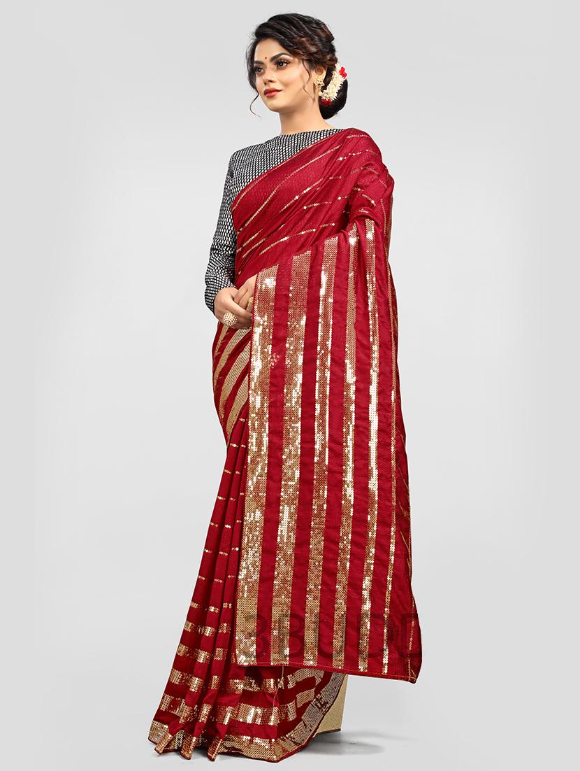 red silver sequence work over vichitra silk  with brocade blouse embroidered saree with blouse - 18411063 -  Standard Image - 1