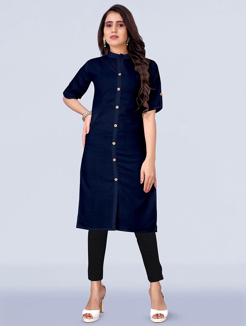 blue solid front slit kurta