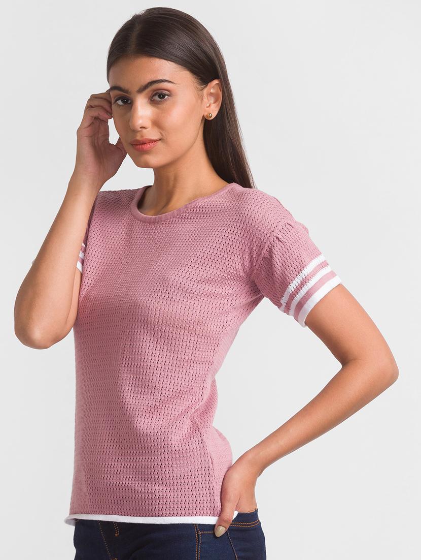 women pink self design round neck t-shirt - 18411463 - Standard Image - 1