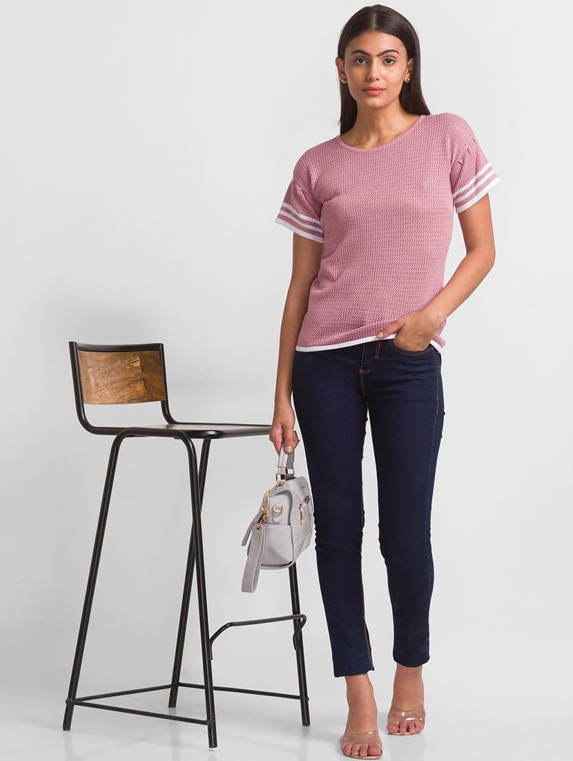 women pink self design round neck t-shirt - 18411463 - Standard Image - 4