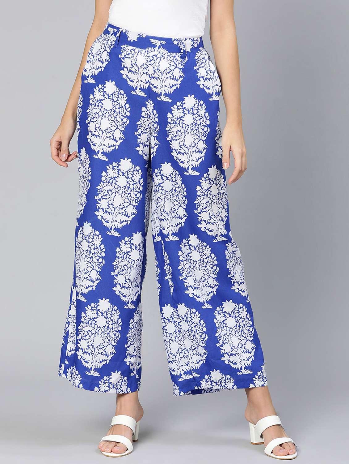 blue printed flat front trouser
