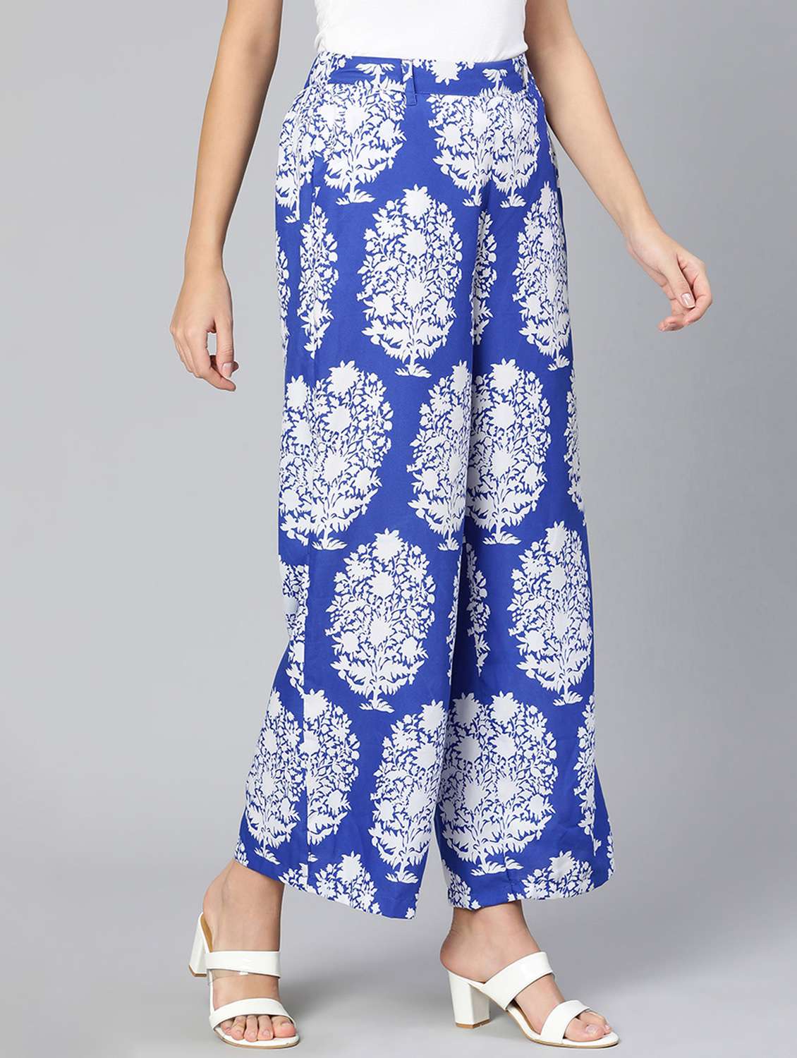 blue printed flat front trouser - 18412909 -  Standard Image - 1