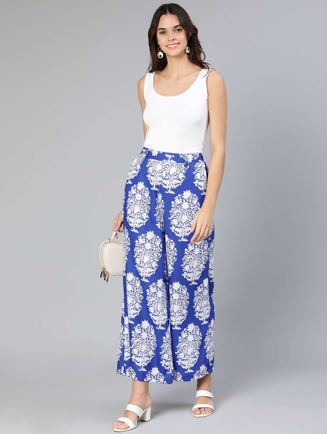 blue printed flat front trouser - 18412909 - Standard Image - 4